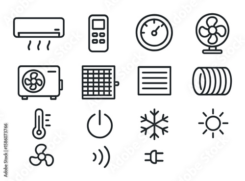 air conditioner, remote control, thermostat, cooling fan, compressor, condenser, evaporator, air filter, vent, duct, temperature sensor, power button, snowflake symbol
