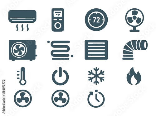 air conditioner, remote control, thermostat, cooling fan, compressor, condenser, evaporator, air filter, vent, duct, temperature sensor, power button, snowflake symbol