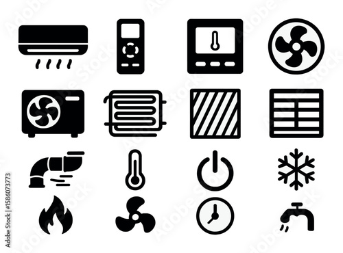 air conditioner unit, remote control, thermostat, cooling fan, compressor, condenser, evaporator, air filter, vent, duct, temperature sensor, power button, snowflake