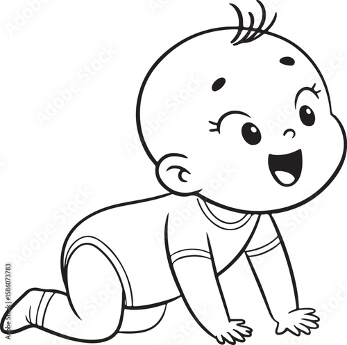A playful infant explores surroundings by crawling joyfully and curiously.