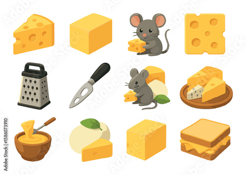 cheese wedge, cheese block, cheese slice, cheese holes, cheese grater, cheese knife, mouse with cheese, cheese platter, blue cheese, mozzarella, cheddar cheese, parmesan