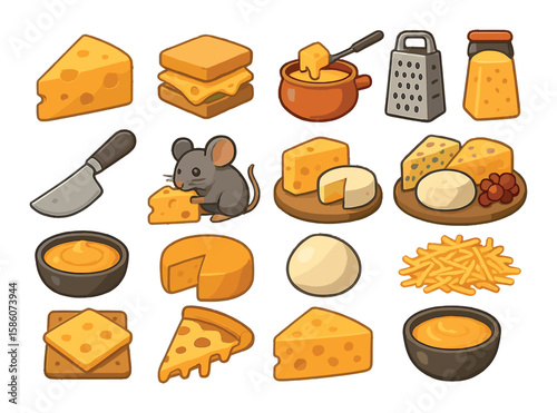 cheese slice, sandwich with cheese, cheese fondue pot, cheese grater, cheese knife, mouse nibbling cheese, cheese board, cheese platter, cheese sauce, cheese wheel, blue
