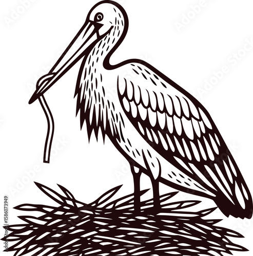 Hand drawn stork standing in nest with twig in beak detailed vintage line art bird illustration