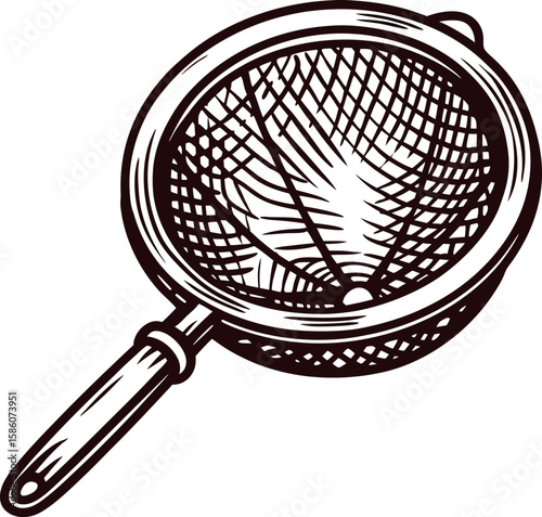 Hand sketched vintage kitchen strainer with mesh and handle isolated on white background line art illustration