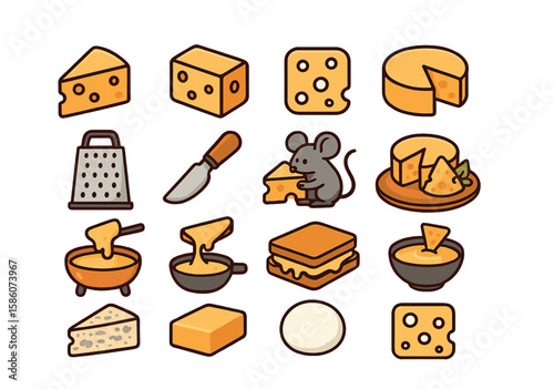 cheese wedge, cheese block, cheese slice, cheese wheel, cheese grater, cheese knife, mouse with cheese, cheese platter, cheese fondue, melted cheese, cheese sandwich