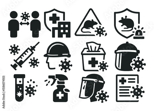 virus transmission, hospital quarantine, protective shield, contagion zone, viral outbreak, rat silhouette, disease awareness poster, medical syringe, viral particle