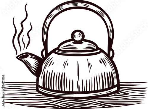 Vintage engraved teapot with steam rising from spout on wooden surface, hand drawn black and white illustration