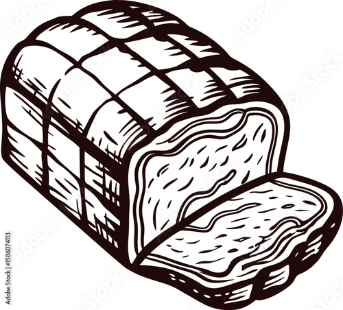 Sliced loaf of artisanal bread illustration in vintage hand drawn engraving on white background