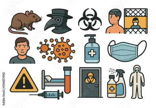 rat, flea, plague doctor mask, biohazard symbol, quarantine zone, infected person, virus particle, hand sanitizer, medical mask, warning sign, hospital bed, test tube