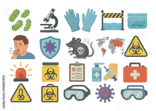 bacteria, microscope, medical gloves, hazard tape, quarantine fence, contaminated water, coughing person, virus shield, pest control, plague map, warning alarm