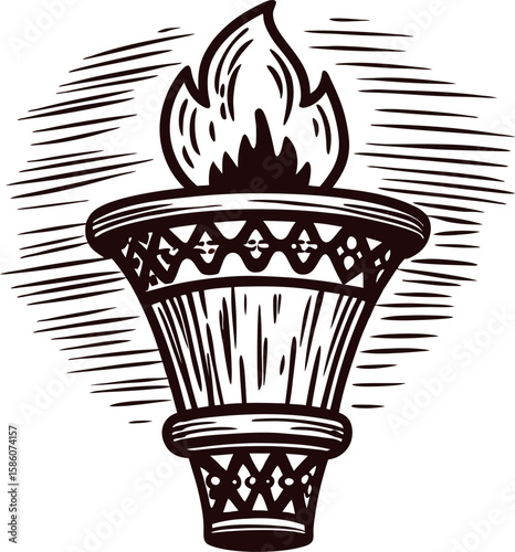 Hand drawn vintage flaming torch illustration in retro engraved with decorative detailing and textured lines