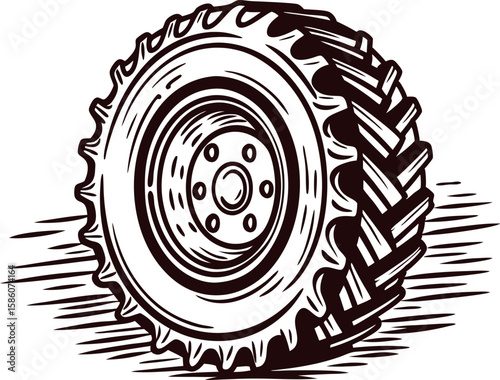 Hand drawn vintage tractor tire isolated on white background with detailed tread sketch illustration
