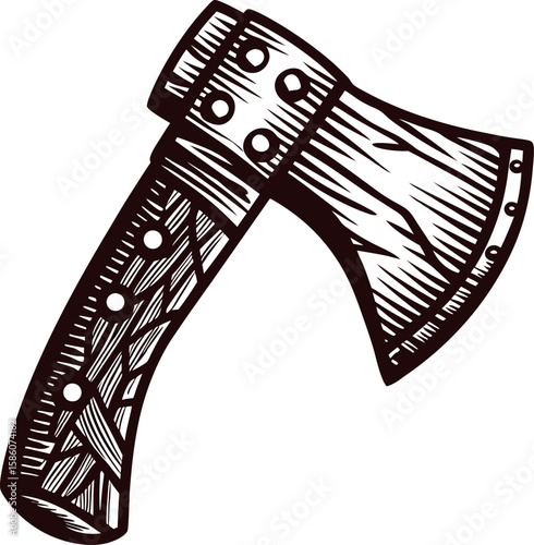 Vintage engraved illustration of a wooden handled hatchet axe with detailed textured metal blade