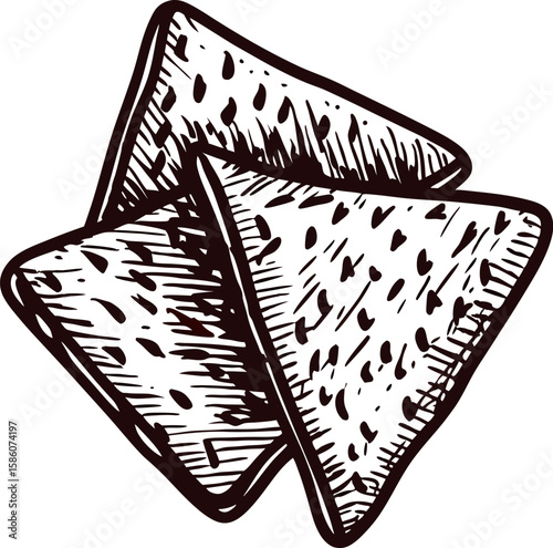 Hand drawn nacho tortilla chips in vintage engraved isolated on white background black and white sketch
