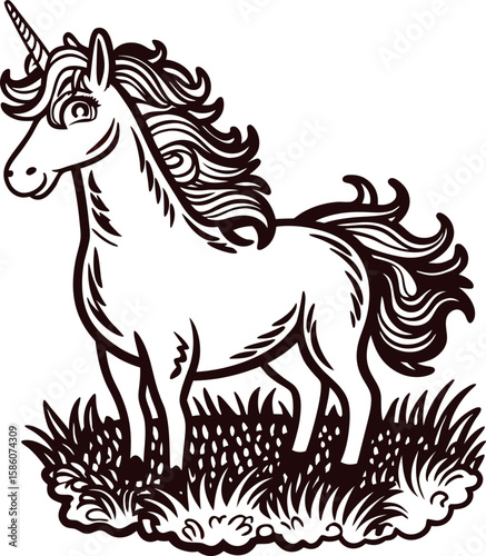 Hand drawn unicorn standing on grass retro fantasy animal sketch illustration with decorative mane and horn