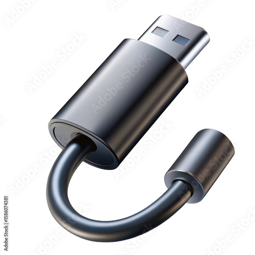Sleek usb c adapter with flexible cable isolated on transparent background
