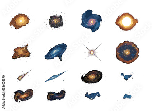 galaxy core glow, star cluster, nebula swirl, black hole silhouette, cosmic dust, galaxy arm, pulsar rotation, supernova remnant, cosmic ray, galactic jet, star field
