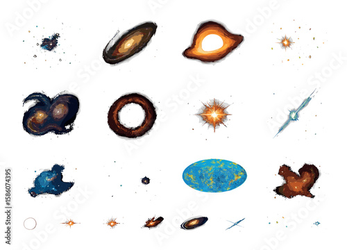 galactic cluster, spiral arm curve, black hole accretion, star cluster formation, galaxy merger, cosmic dust ring, supernova flash, pulsar beam, nebula cloud, dwarf