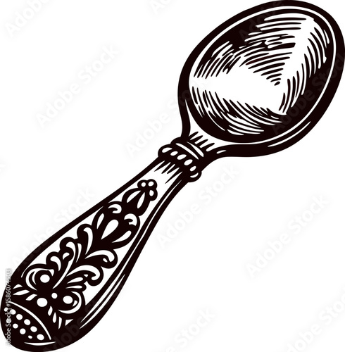 Hand drawn ornate vintage spoon illustration with intricate floral pattern on handle in engraving