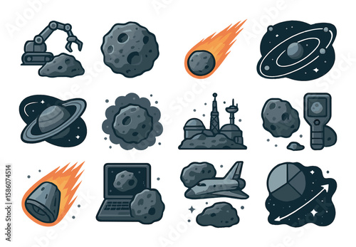 asteroid mining equipment, asteroid fragment sample, meteor streak, asteroid orbit path, planetary ring system, asteroid dust cloud, space mining base, asteroid scanner