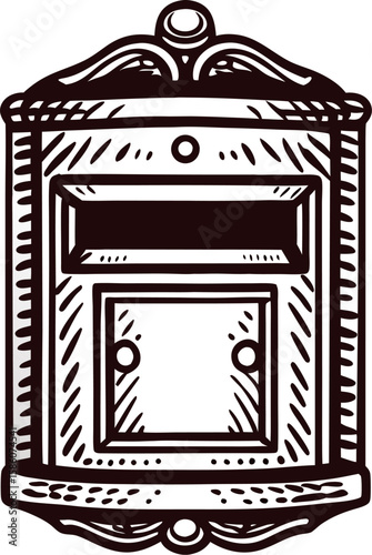 Hand drawn vintage postbox isolated on white background engraved illustration of ornate mailbox with decorative details