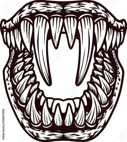 Fierce open animal mouth with large sharp fangs and detailed teeth isolated on white background illustration