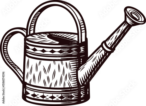 Hand drawn vintage metal watering can isolated on white background engraved garden tool illustration