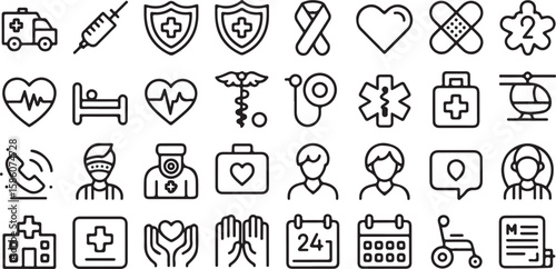 Medical icons representing healthcare services and equipment ambulance syringe