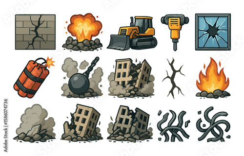 cracked wall, explosion, rubble pile, fireball, bulldozer, broken glass, dynamite, wrecking ball, demolition hammer, shattered window, smoke, collapsing building, crack