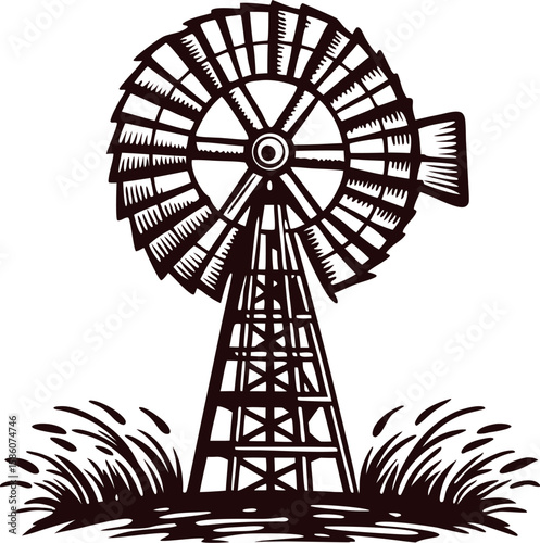 Vintage woodcut windmill illustration with detailed metal blades and grass, retro rural scene, hand drawn