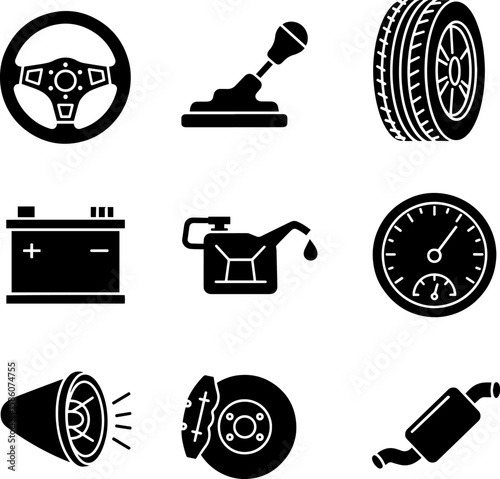 Automotive icons showcase essential car parts in this clean and modern vector icon set for mechanics and design, transparent background