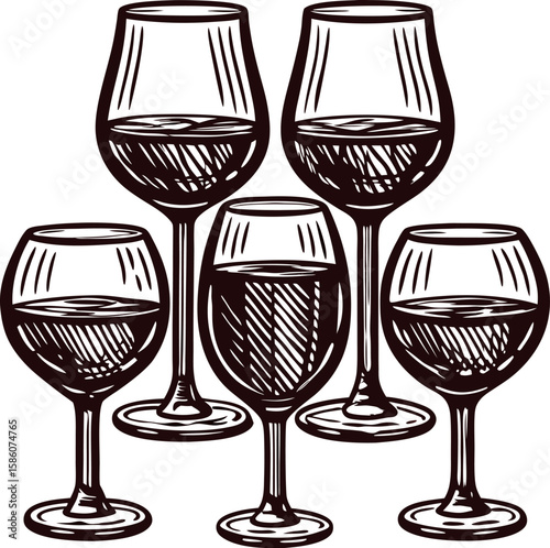 Hand drawn vintage illustration of assorted wine glasses filled with wine isolated on white background