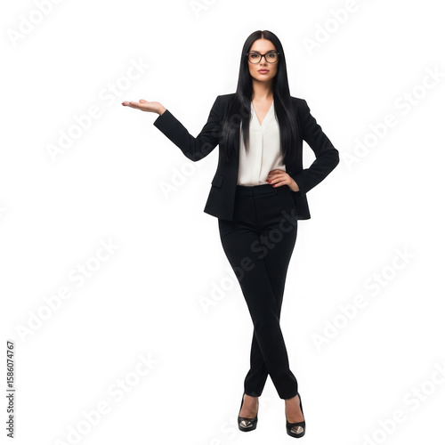 Professional woman in black suit presenting with open hand