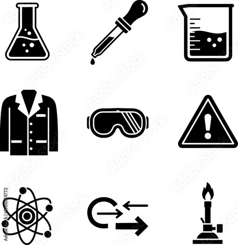Chemistry icons represent various scientific concepts and laboratory elements with modern visual appeal, transparent background