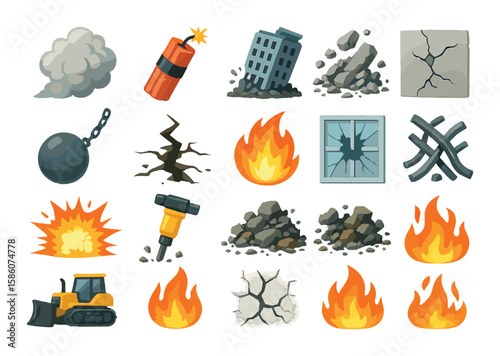 smoke, dynamite, collapsing building, debris, broken glass, wrecking ball, crack in ground, fireball, cracked wall, shattered window, explosion, demolition hammer, rubble