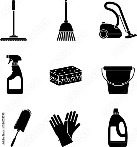 Essential cleaning icons for representing hygiene, maintenance, and household chores in designs, transparent background