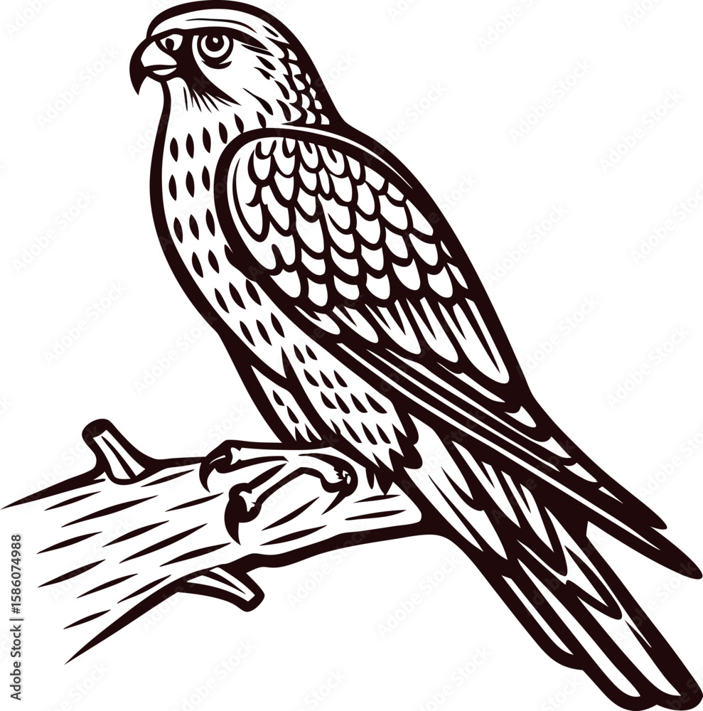 Fototapeta premium Detailed hand drawn hawk perched on branch isolated on white background in vintage engraved illustration
