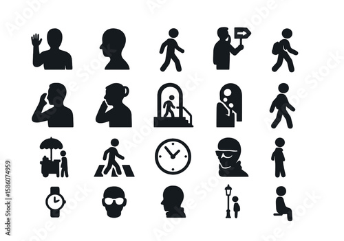 silhouette person, waving hand, anonymous profile, walking figure, lost sign, phone call, suspicious glance, subway entrance, backpack, street vendor, crosswalk, watch