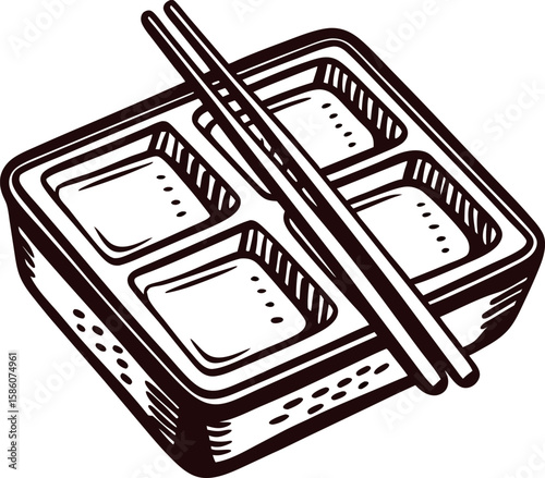 Vintage engraved illustration of bento lunch box with chopsticks and divided compartments in retro hand drawn