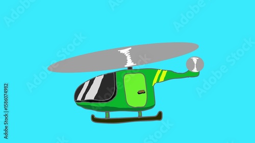 Helicopter animation flying in the air on green background.