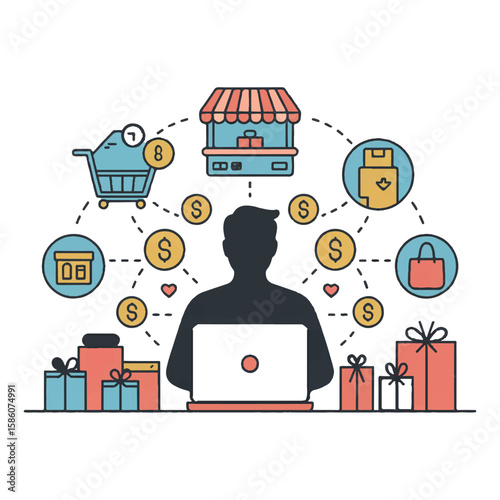 Vector art of a person is shopping online surrounded by gifts, money, and a shopping cart