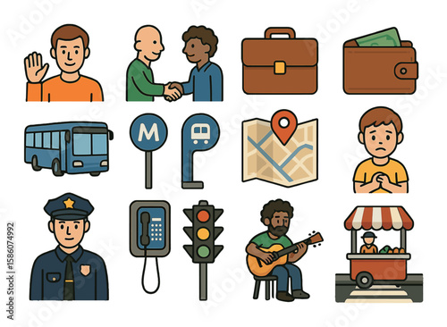 unknown person, eye contact, waving hand, handshake, briefcase, lost wallet, city bus, subway sign, map, lost child, police officer, public phone, traffic light