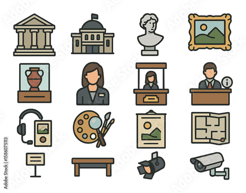 art gallery, museum building, sculpture, painting frame, exhibit case, visitor guide, ticket booth, information desk, audio guide, art restoration tools, exhibition