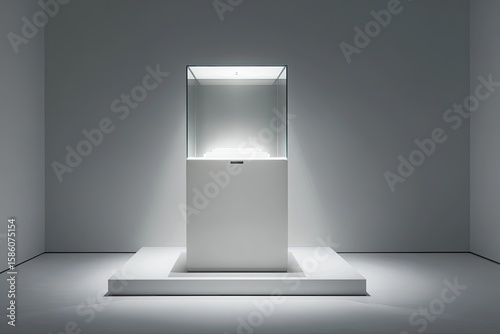 Empty white display case, lit from within, on a white plinth, in a light-filled room