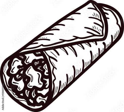 Hand drawn illustration of a burrito with filling isolated on white background vintage sketch food art