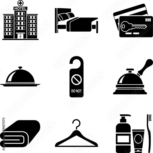 An elegant line art design showcasing hotel amenities like room service, concierge, spa, bath and accommodation elements.