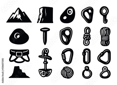 mountain peak, rock face, cliff, boulder, rope anchor, climbing hold, piton, bolt hanger, rappel anchor, harness buckle, camming device, climbing knot, climbing rope coil