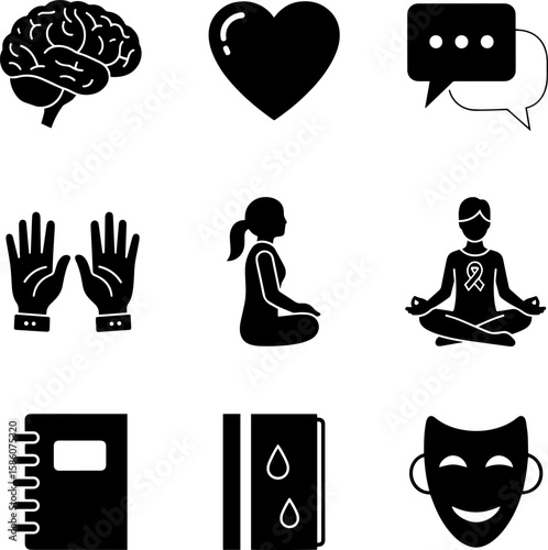 Mental health icon set providing resources and support featuring symbols of wellness, therapy, and emotional balance, transparent background