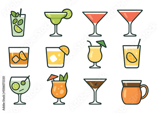 Popular cocktails modern flat style. mojito, margarita, cosmopolitan, daiquiri, old fashioned, whiskey sour, pina colada, negroni, martini, caipirinha, mai tai, tom