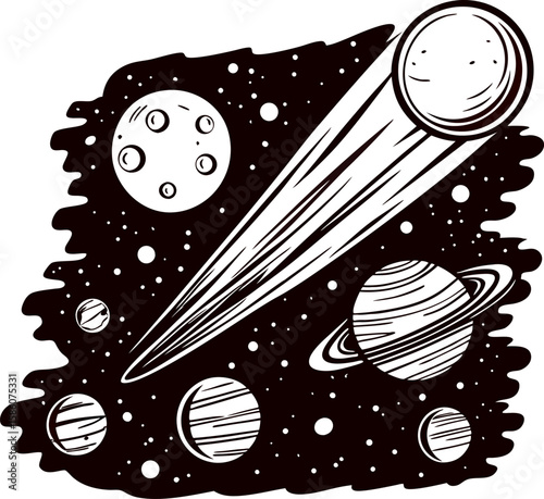 Hand drawn celestial space illustration with comet, planets, moons, and stars in vintage engraved